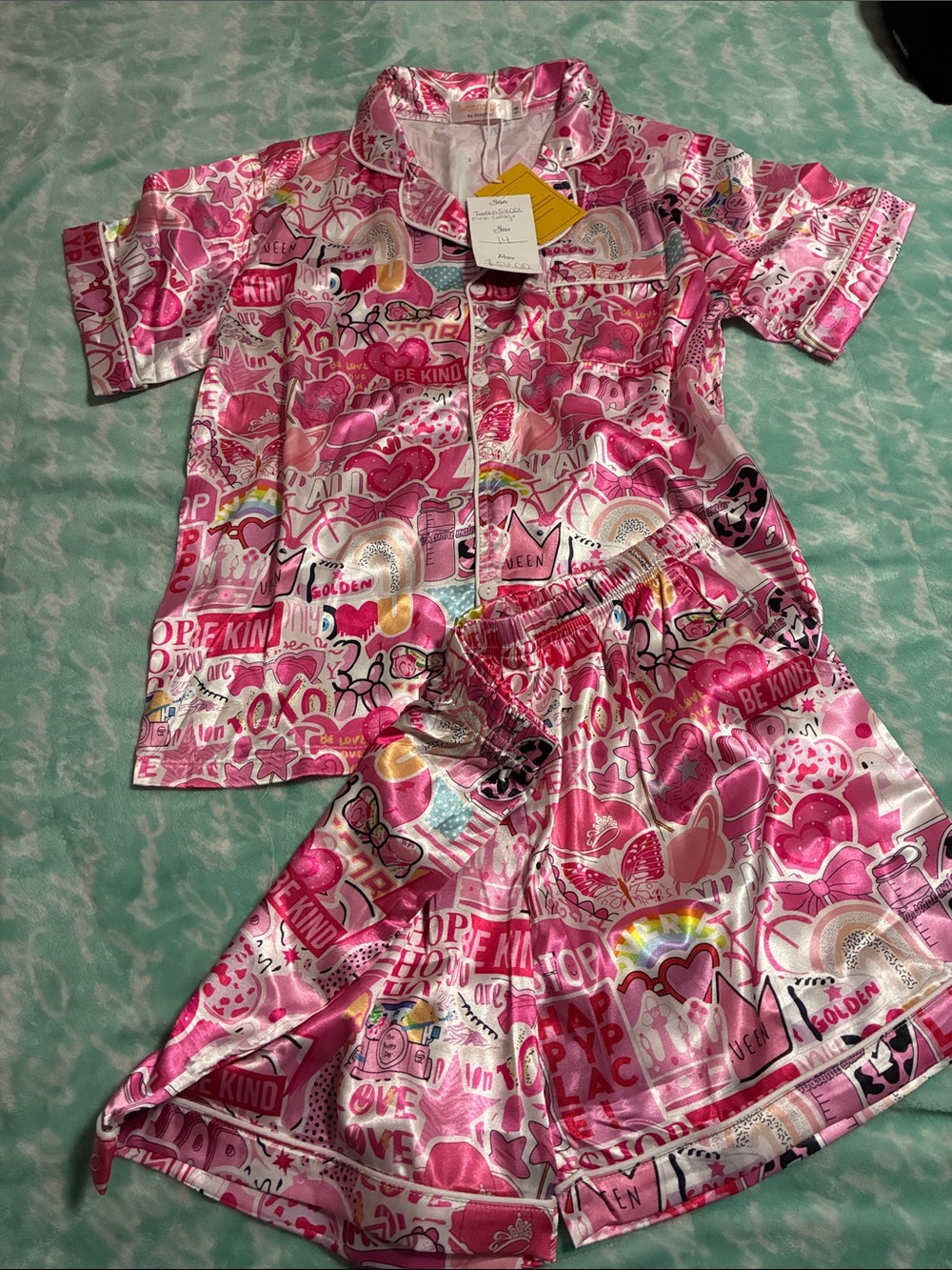Tweenstyle Pink Satin Heart & Positive Message Pajama Set